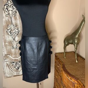 BCBGMaxAzria Size 8 Faux Leather Black Skirt Moto Mad Max Tough Buckles on Hips
